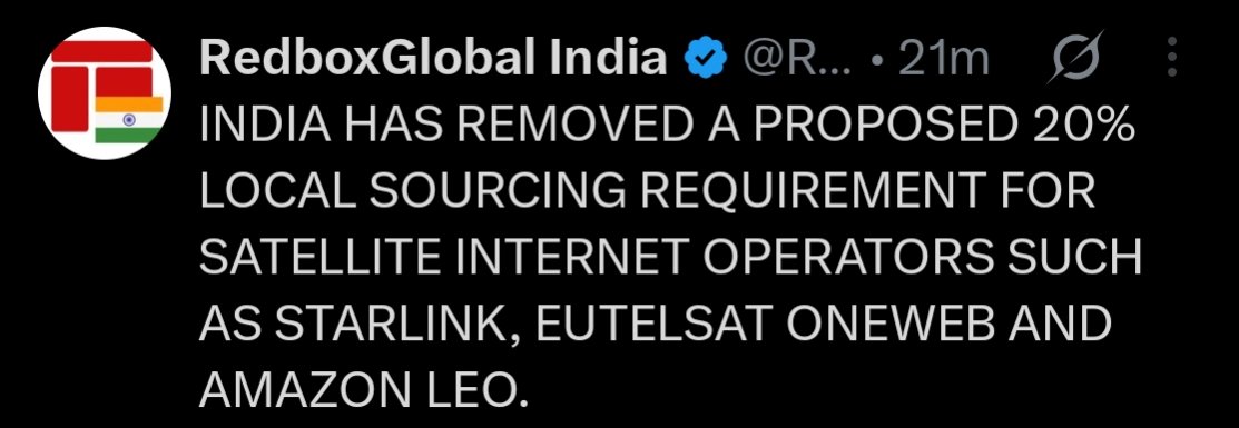 venkat_fin9's tweet photo. Funny how someone announced this week that they're entering the satellite internet business in India in their AGM, reportedly planning to source everything from China because it's cheaper. Now the local sourcing requirement is gone.

And brianless social media bhakts are calling this "India is rising." If that's their idea of shitty self-reliance, they've completely lost the plot.