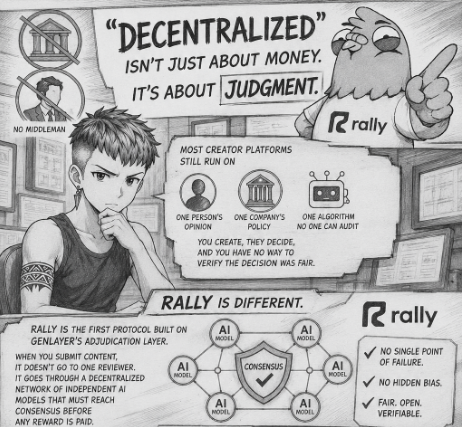 0xraguna's tweet photo. I used to think "decentralized" just meant no middleman for money.

Turns out it applies to something much harder. Judgment.

Most creator platforms still run on one person's opinion, one company's policy, or one algorithm no one can audit. You create, they decide, and you have no way to verify the decision was fair.

Rally is the first protocol built on GenLayer's adjudication layer. What that means in practice: when you submit content, it doesn't go to one reviewer. It goes through a decentralized network of independent AI models that must reach consensus before any reward is paid. No single point of failure. No hidden bias.

GenLayer raised over $10M from North Island Ventures, Arrington Capital, Node Capital, and Maelstrom to build this infrastructure. It's not a concept. It's live, and Rally is where it runs.

RLPs power the whole system. Gas fees, campaign access, USDC rewards, whitelist qualifications like Wingston. You can claim 200 free from your Creator Profile right now.

Go see for yourself at https://t.co/R2w8zSnOIq. Once you understand what decentralized adjudication actually means, centralized platforms start feeling different.

@RallyOnChain