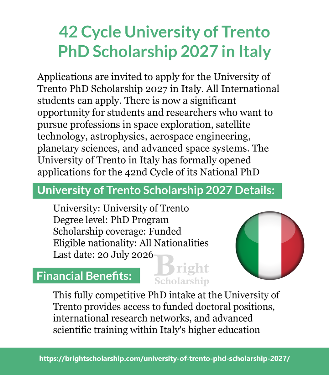 BrightSship's tweet photo. 42 Cycle University of Trento PhD Scholarship 2027 in Italy (Funded)

Degree level: PhD
Eligible nationality: All Nationalities
Award country: Italy
Last date: 20 July 2026

Apply Link: https://t.co/7l0GQa7qFs

#BrightScholarship #FullyFunded #Scholarship #Italy #Students https://t.co/RSQsvSLGRn