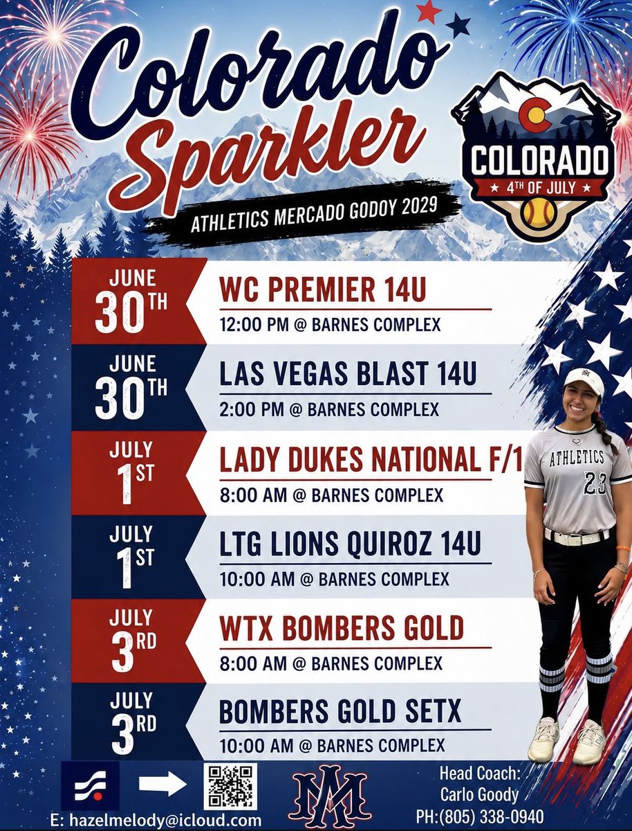 Hazel_Coronel23's tweet photo. Colorado Sparkler 2026 🧨
Schedule is out!  It’s go time! Attached are some highlights. 
@triplecrownspts @COSparkFire @TCSFastpitch @los_stuff @LineDsoftball @ExtraInningSB @AMG_2029 https://t.co/IOtSOqbQqp