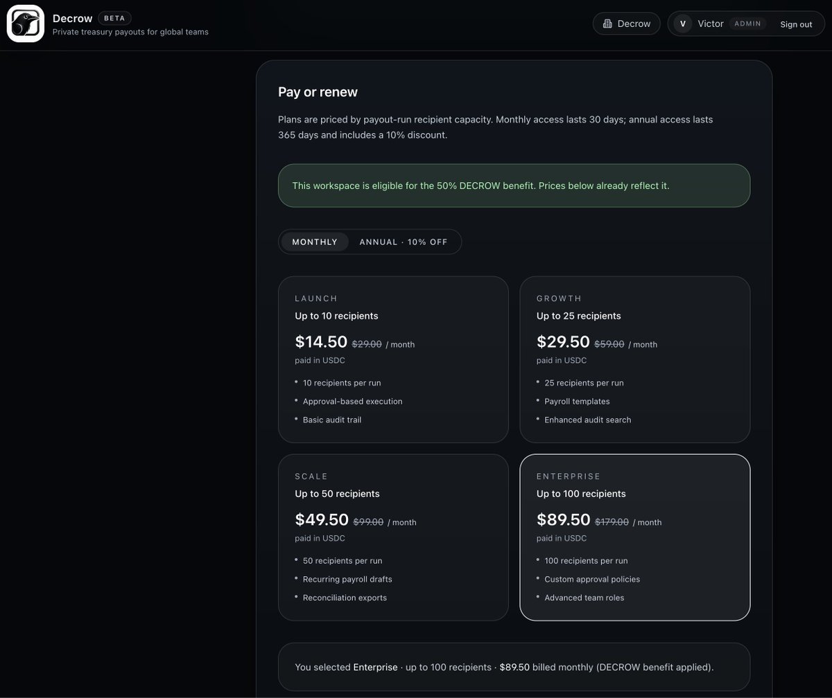 decrow_finance's tweet photo. With $DECROW, eligible customer organizations can access platform benefits inside Decrow.

The first current benefit is simple:

Receive 50% off their Decrow subscription when the registered treasury wallet meets the DECROW requirement.

Payroll still runs in USDC.

Details:
https://t.co/DFOFSY54JV