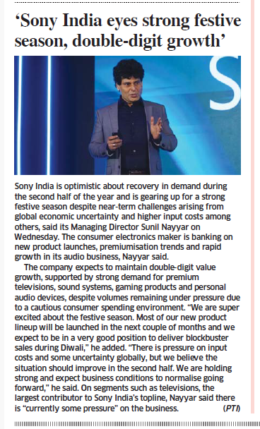 rahulsays1's tweet photo. #Sony #India is optimistic about recovery in #demand during H2 of 2026, gearing up for a strong #festive season despite near-term #challenges arising from global #economic #uncertainty, higher #input costs among others, said its Managing Director Sunil Nayyar. @sony_india https://t.co/6ZGPdn8lFt