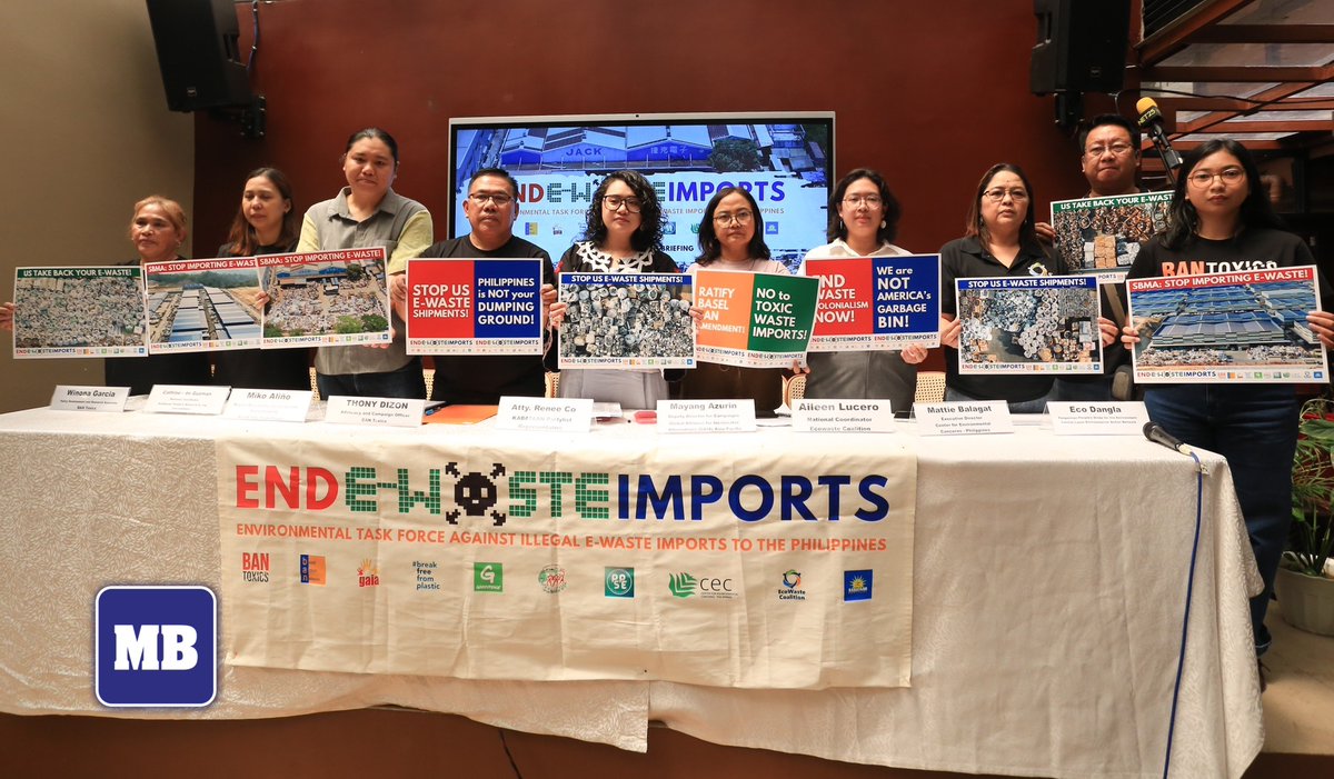 manilabulletin's tweet photo. LOOK: Environmental advocates hold signs calling for an end to the alleged illegal importation of hazardous electronic waste from the United States through the Subic Bay Freeport during the launch of the Environmental Task Force Against Illegal E-Waste Imports to the Philippines (END E-Waste Imports) coalition on Thursday, June 25.

The group urges government agencies to strictly enforce the Basel Convention and prevent the Philippines from becoming a dumping ground for foreign electronic waste. 

📷: Santi San Juan | MB