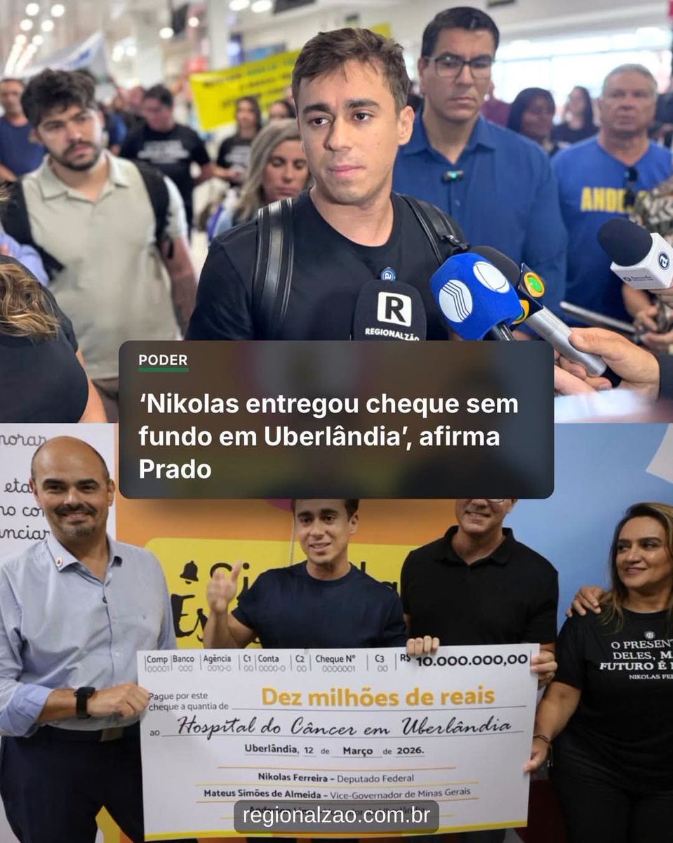 AdnanvpPeixoto's tweet photo. O deputado Nikolas Ferreira passou cheque sem fundo ao Hospital do Câncer em Uberlândia MG? É o que está  noticiado no " Portal JC Regional", isso teria acontecido em Março deste ano quando Nikolas Ferreira o vice-governador Mateus Simões o vereador Anderson Lima e a vereadora Janaina foram lá no Hospital do Câncer fazer gracinha mas o cheque não  tinha fundo.
