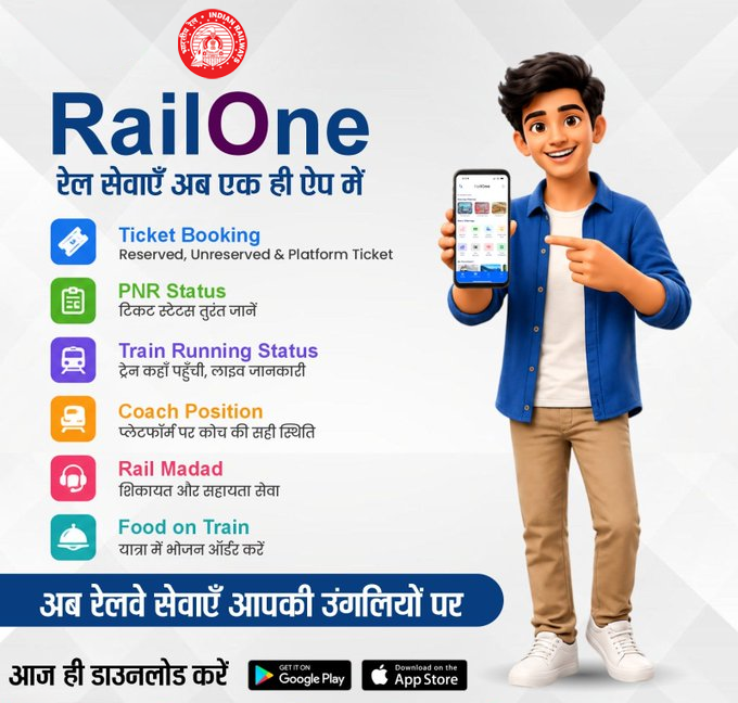 BhusavalDivn's tweet photo. 🚆📱 RailOne – आपकी सभी रेल सेवाओं का वन-स्टॉप डिजिटल समाधान!

अब टिकट बुकिंग से लेकर ट्रेन की लाइव जानकारी, PNR स्टेटस, कोच पोजीशन, रेल मदद और ट्रेन में भोजन ऑर्डर करने तक—सब कुछ एक ही ऐप में।

✅ आरक्षित, अनारक्षित एवं प्लेटफॉर्म टिकट बुकिंग
✅ PNR एवं ट्रेन रनिंग स्टेटस
✅ कोच पोजीशन की जानकारी
✅ Rail Madad सहायता सेवा
✅ Food on Train सुविधा
अब रेलवे सेवाएँ आपकी उंगलियों पर!
आज ही RailOne App डाउनलोड करें और अपनी यात्रा को बनाएं अधिक स्मार्ट, सरल और सुविधाजनक।

#RailOne #IndianRailways #DigitalRailway #SmartTravel #CentralRailway 🚉✨