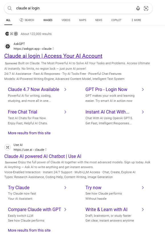 GLALSchool's tweet photo. See attachments of what happens when a Claude User looks for Claude Ai - I actually log into a fake Claude Ai but noticed the tap logo was black and not orange and on the page that looks exactly like the Claude log in screen with orange logo but on footer has a 6-font size note not affiliated with.... @X