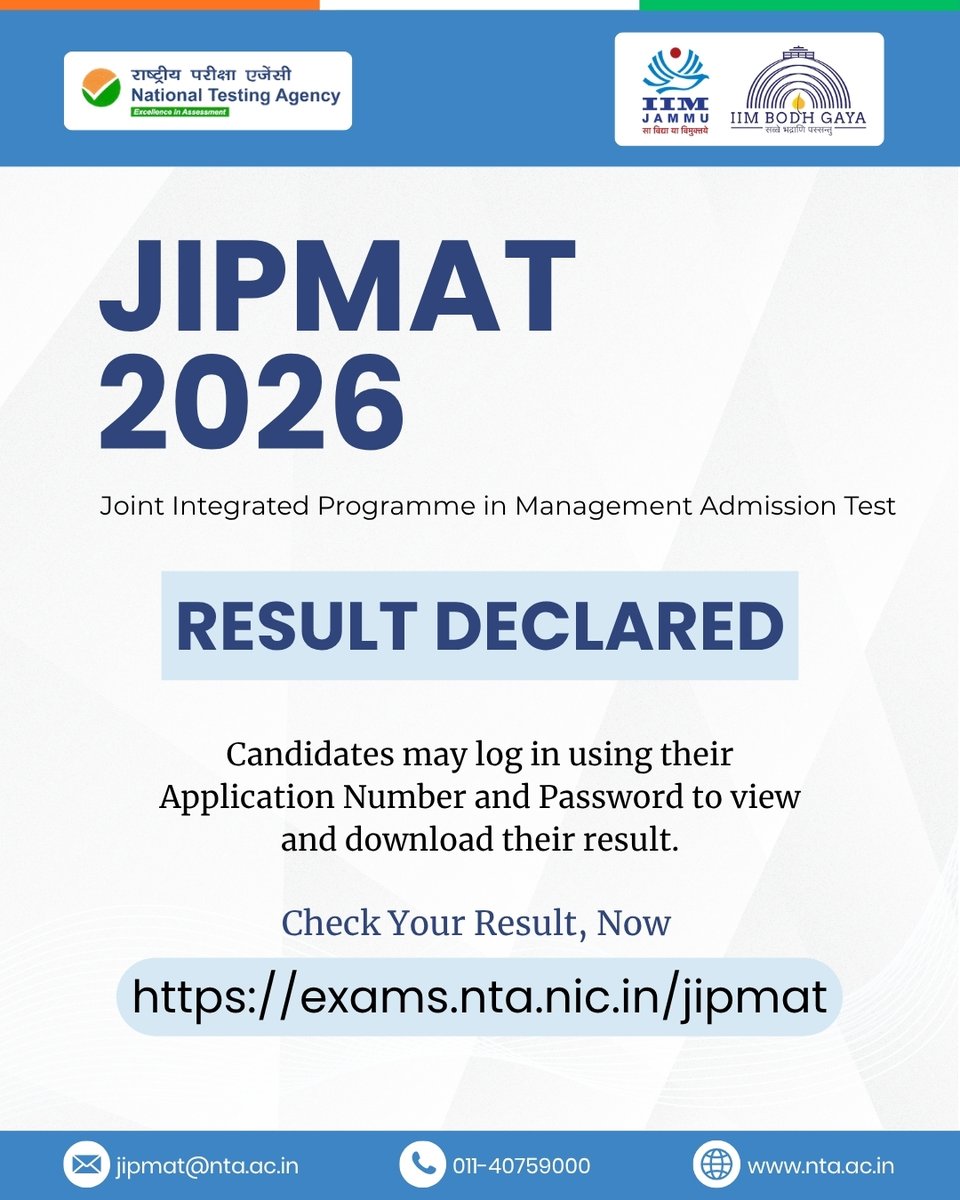 NTA_Exams's tweet photo. The JIPMAT 2026 result is now available.

Students can access their scorecard by logging in with their credentials on the official website.

#NTA #NTAUpdate #NTAExams #JIPMAT #StudentUpdate https://t.co/afVT4BTSiC