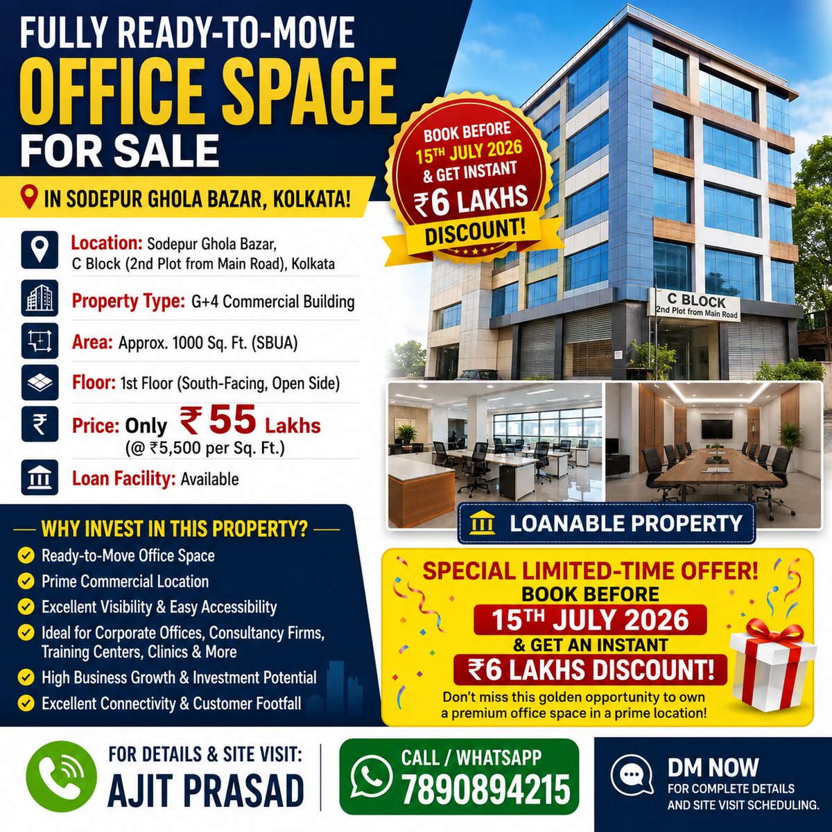 AjitPra17200839's tweet photo. ✅ Prime Commercial Office Space Available
🏢 G+4 Commercial Building
📐 Approx. 1000 Sq. Ft. (SBUA)
🏠 1st Floor | South-Facing | Open Side
💰 Price: Only ₹55 Lakhs (@ ₹5,500 per Sq. Ft.)
Call / WhatsApp: 7890894215
#OfficeSpaceForSale #CommercialProperty #KolkataProperty https://t.co/dtsejAXi8j