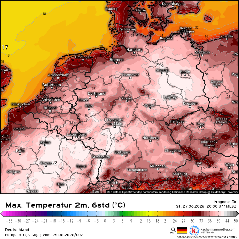 Kachelmannwettr's tweet photo. Deutschland steht das wohl heißeste Wochenende seit Beginn der Aufzeichnungen bevor. Die Wettermodelle deuten nicht nur regional, sondern besonders Sonntag im Osten sogar flächiger 40 Grad an.

Hier zu den Modellkarten:
https://t.co/C2imhqznuz
/FR https://t.co/jswiTOlGi9