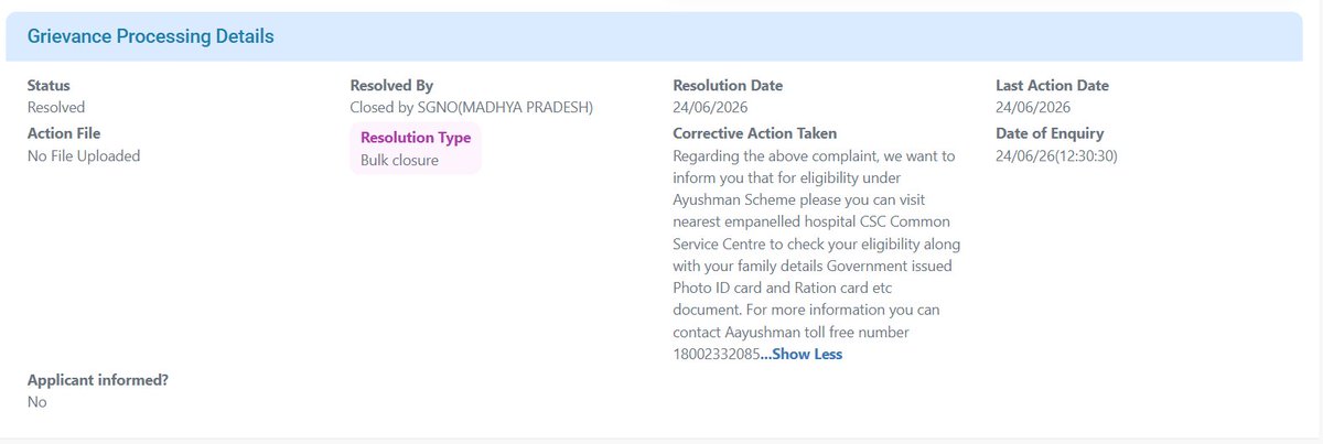 aakashkmalviya's tweet photo. I had filed a complaint for Ayushman Card eligibility, but SGNO Madhya Pradesh resolved the complaint through "bulk closure" without prior notice to the applicant, without any proper redressal. Sambal Card Famil
@AyushmanNHA @ABNiramayamMP @Ayushman_MP @labour_mp @LabourMinistry https://t.co/ac0Wrl0S2x