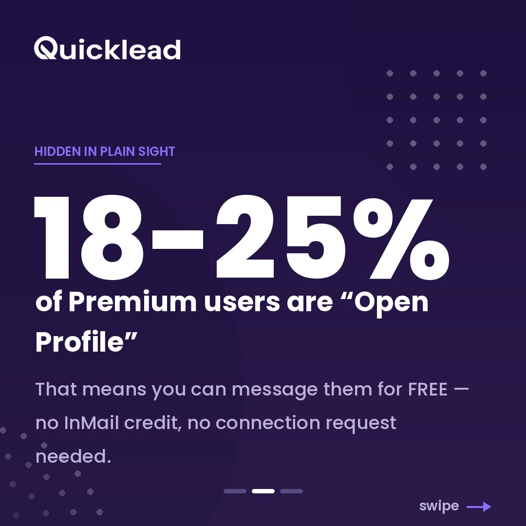 quicklead_io's tweet photo. The free LinkedIn channel competitors ignore 👀

18–25% of Premium users have Open Profile = message them FREE, no InMail credit.

Quicklead auto-detects them. 🎯

#LinkedInAutomation #SalesHacks https://t.co/x6J5Dv6sW1
