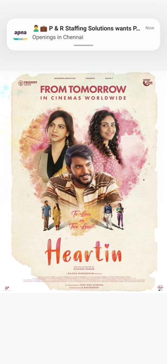 Fmeeran15's tweet photo. #Heartin from tomorrow ๐๐ and youthful rom-com which deals with the past and present love of an youngster ๐๐ค an @kishoredir film music by @RajeshRadio and starring @Sananth__ @MadonnaSebast14 @emayaing produced by @tridentartsoffl #HeartinFromJune26 https://t.co/kMhIpWRin8