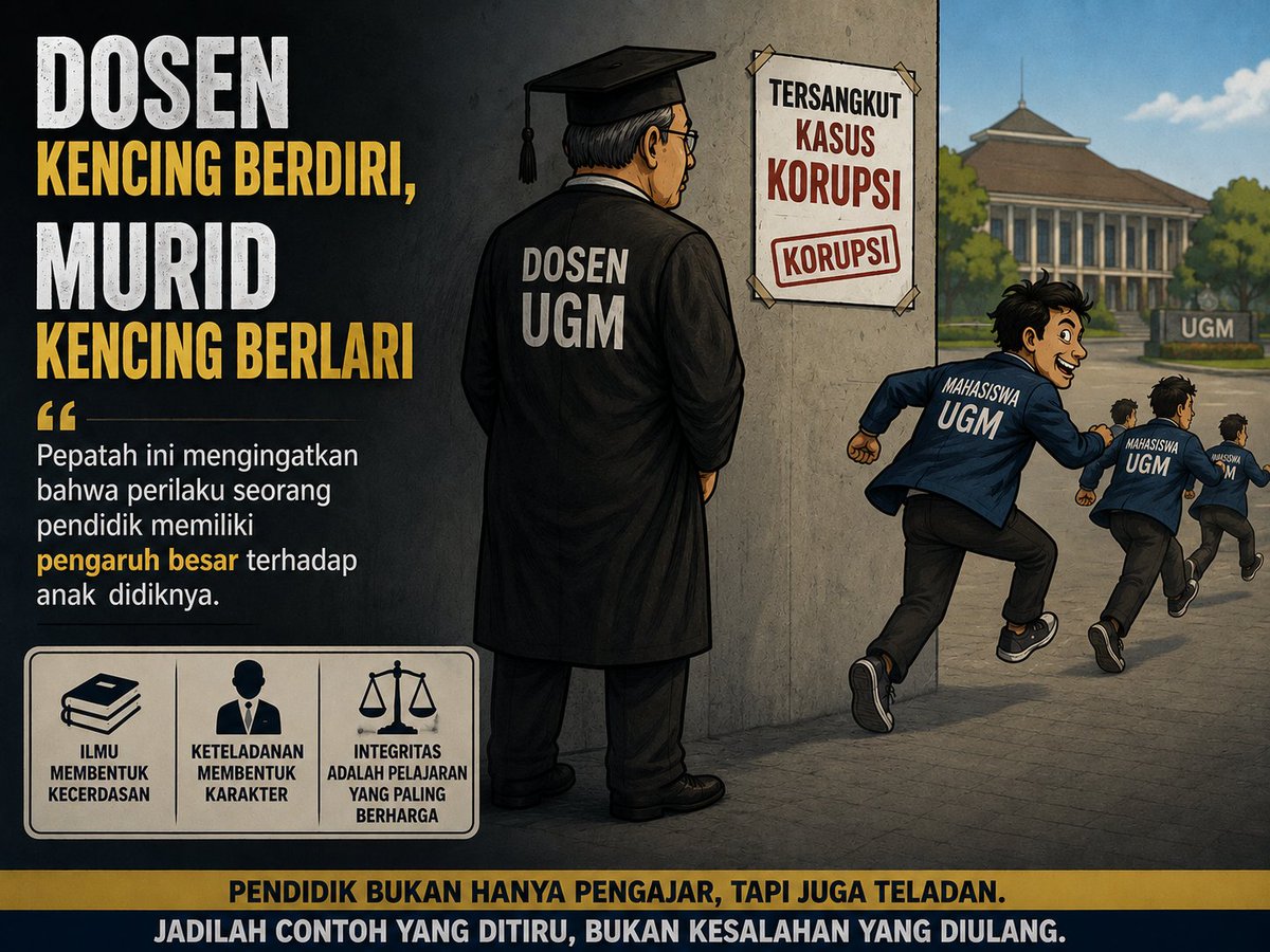 heyhaen's tweet photo. Pepatah, "Guru kencing berdiri, murid kencing berlari," mengingatkan bahwa perilaku seorang pendidik memiliki pengaruh besar terhadap anak didiknya. 

Mahasiswa belajar bukan hanya dari materi di ruang kuliah, tetapi juga dari sikap dan tindakan dosennya. 
Ketika seorang pendidik menunjukkan integritas, mahasiswa akan memahami pentingnya kejujuran. 

Sebaliknya, jika seorang pendidik terjerat korupsi, hal itu berpotensi menimbulkan sinisme, menurunkan kepercayaan terhadap institusi pendidikan, dan mengaburkan nilai-nilai moral yang seharusnya ditanamkan.

Hmm.. Jadi gak heran kalo kelakuan mahasiswa UGM di forum diskusi kemarin seperti itu.

#DosenUGMKorupsi #Peranglawankorupsi #sikatmafia