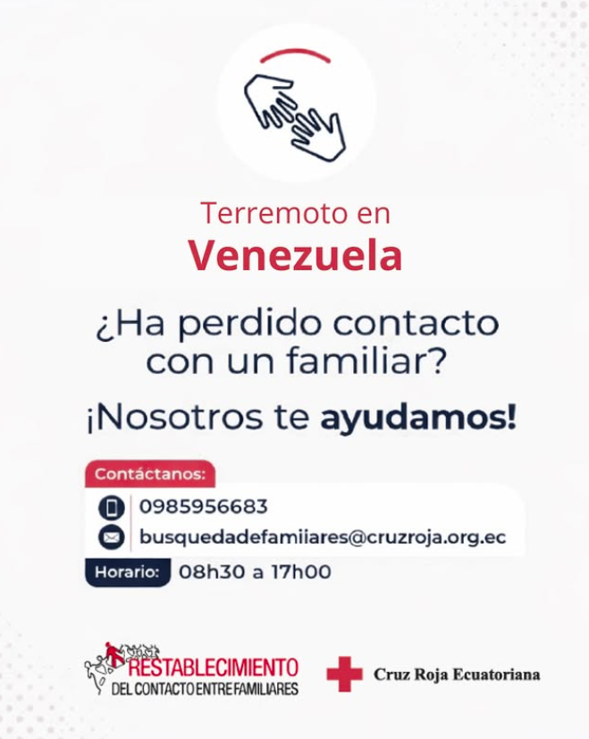 tamarindoenflor's tweet photo. Venezolanos en Ecuador la @cruzrojaecuador activó el programa de restablecimiento de contactos familiares (RCF)
📱 098 595 6683
📧 busquedadefamiliares@cruzroja.org.ec https://t.co/LmCcrpOppV