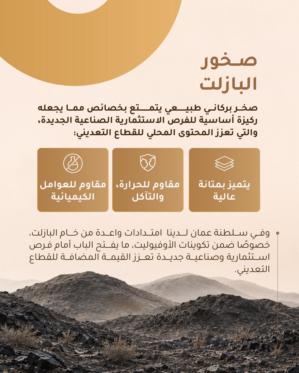 IIA_Om's tweet photo. ضمن برنامج الابتكار في قطاع التعدين، عملت #أكاديمية_الابتكار_الصناعي على دراسة عددٍ من المعادن، من بينها خام البازلت؛ صخر بركاني بخصائص وتركيبه جعلت منه موردًا قابلاً لتعظيم قيمته الصناعية. 

بين الأنابيب والحديد البازلتي والألياف وشبكات تسليح الجدران..فرص استثمارية ومنتجات صناعية عملنا على دراستها واستخراجها بدراسة هذا المورد الطبيعي الذي تتمتع به جبال سلطنة عمان.