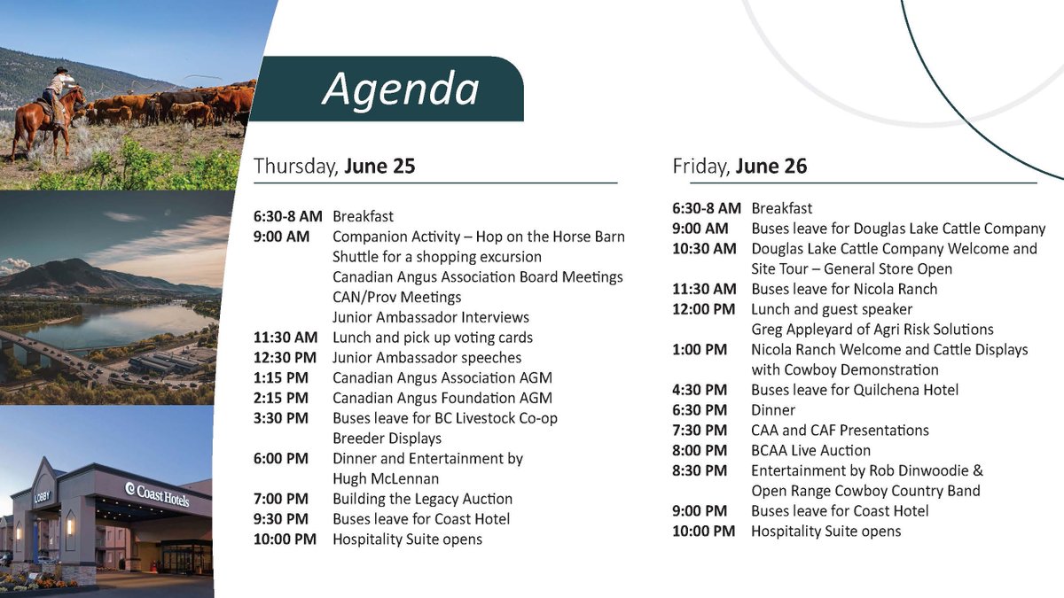 cdnangus's tweet photo. Tomorrow is the official start of the 120th Anniversary National Convention in Kamloops, BC. From AGMs and ranch tours to live auctions and entertainment, we have an incredible two days lined up. Here is the detailed schedule, see everyone tomorrow for breakfast! https://t.co/jDjOEP6AW7