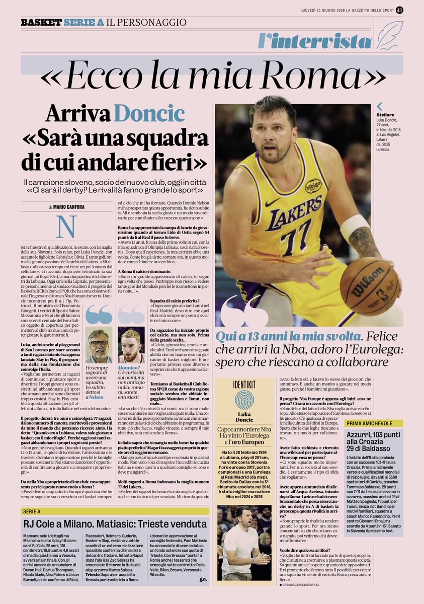 mariocanfora's tweet photo. Eccolo. #Doncic ci mette la faccia. Non è poco. Curiosità: la ragione sociale del club è “Basketball Club Roma SPQR” #basket #rome #basketball #lba# #lakers #nba #roma https://t.co/92DQ0wauEr