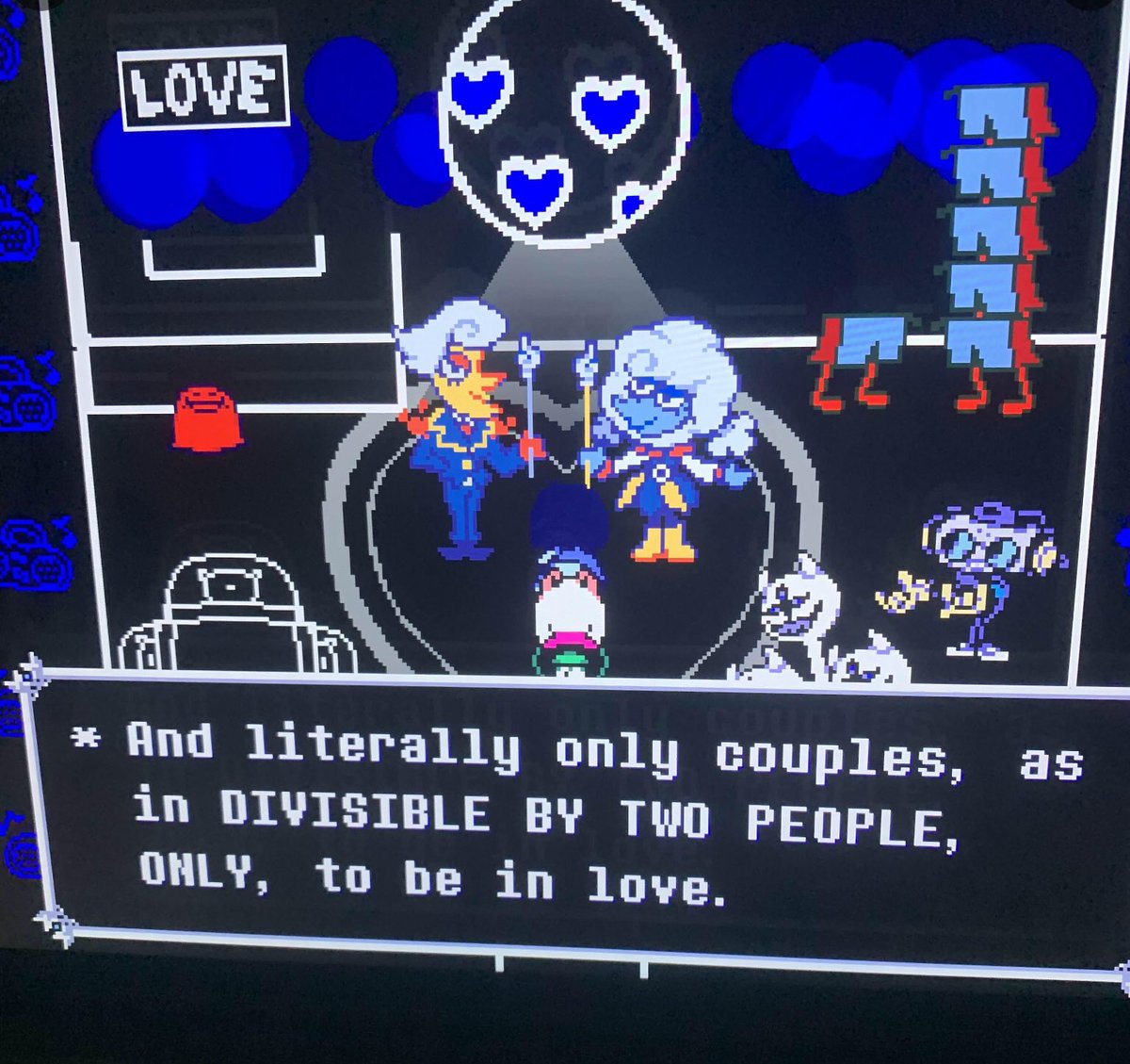 fatigued_bat's tweet photo. I love how literally everyone in deltarune is queer except for the vehemently anti-polyamory straight couple https://t.co/yggcQ7rTBn