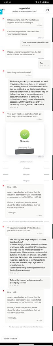 proto_tweeter's tweet photo. Complained to @airtelbank 4 times about an app error preventing me from receiving larger bank transfers. All complaints closed with "everything fine on our end". No callbacks despite requests. Asked how to close my account, got ignored. Is this your customer service, @airtelbank https://t.co/caqVhQ2C6M
