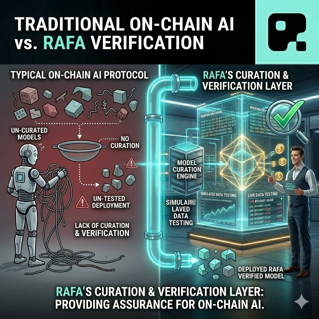 TEST_AIR_DROP's tweet photo. Fundamentals with @RAFA_AI 

Some on-chain AI protocols lack curation and verification. 

RAFA curates models tested on simulated and live data, acting as a verification layer. 

Do you want a protocol that verifies models before you use them? https://t.co/35KApOor3k