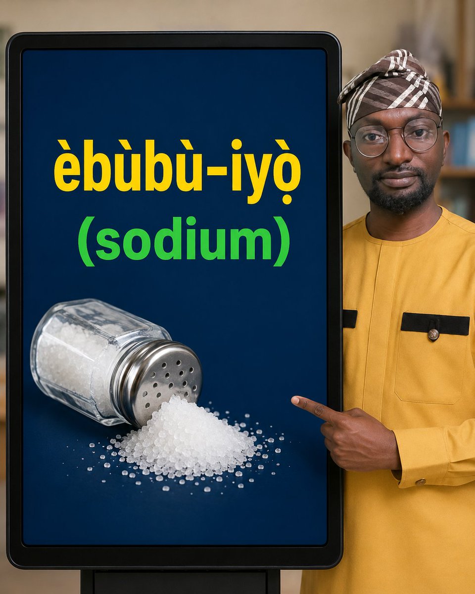 Sci_in_Yoruba's tweet photo. olú-èémí
(oxygen)

olú-èédú
(carbon)

olú-afẹ́fẹ́
(nitrogen)

olú-omi
(hydrogen)

olú-iyọ̀
(chlorin)

olú-kánhún
(potassium)

olú-eegun
(calcium)

èbùbù-iyọ̀
(sodium)

èbùbù-idẹ
(zinc) https://t.co/sYgTHWfvwl