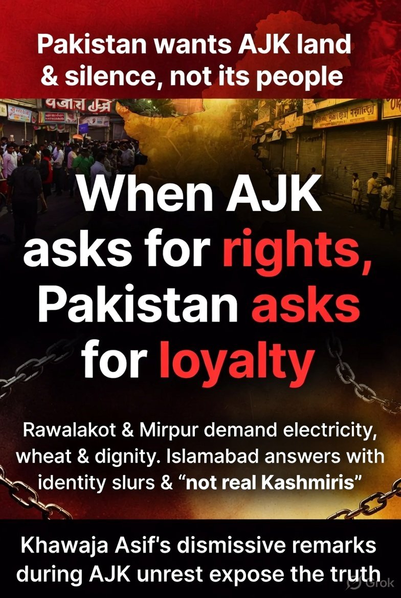 SWhisper09's tweet photo. When AJK asks for electricity, wheat &amp; dignity, Pakistan demands loyalty &amp; questions their identity.

Khawaja Asif mocked Rawalakot &amp; Mirpur while people suffered. 

This is Islamabad’s real face. 

#AJKRejectsPakistan #AJKFreedom #PakistanExposed #Rawalakot https://t.co/CYvy9EV6rf