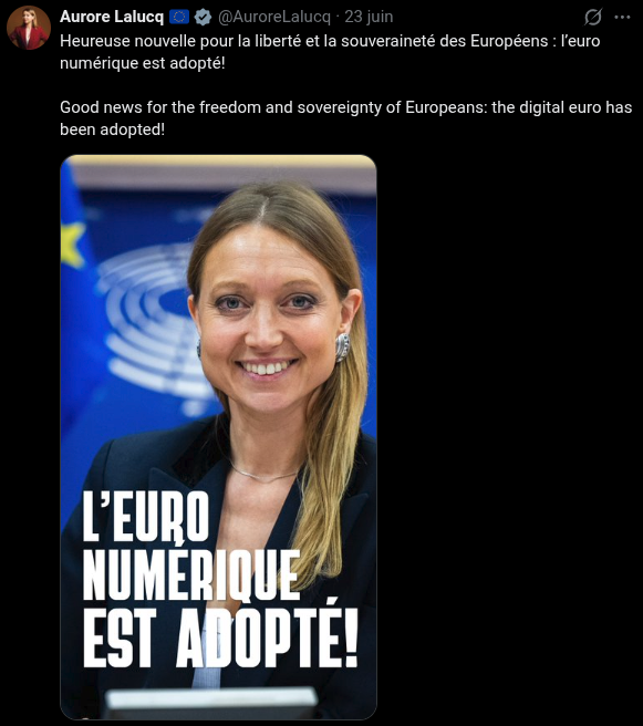 UlrichFY's tweet photo. Ça fait longtemps que la miss Lalucq m'a bloqué.

Mais je vais prendre le temps de commenter sa petite victoire personnelle (et notre défaite collective).

Petit cours de ce qu'est la monnaie et pourquoi l'euro numérique sera un instrument d'asservissement.

Attention, pavé.

Bon, déjà, elle a raison de dire que la monnaie est un instrument de "liberté et de souveraineté", Hayek lui-même définissait la monnaie en ces termes. 

C'est d'ailleurs l'instrument le plus puissant que les hommes aient fait émerger pour maximiser leurs opportunités et préserver leur propriété.

Et si elle est aussi efficace dans ce rôle, c'est pour une raison précise : la monnaie est le reflet de la rareté du monde, rareté qui définit nos vies et explique pourquoi nous échangeons et pourquoi nous économisons (l'économie).

À cet égard, la monnaie est un bien relativement unique sur le marché. 

Son rôle n'est ni d'être consommée ni de fabriquer d'autres biens (donc de s'user dans le processus de production), mais d'être le reflet de la rareté relative des ressources, des biens et du temps, et de diffuser cette information à tous les acteurs économiques sous la forme des prix de marché.

Pour remplir cette fonction, elle doit elle-même être rare, neutre, car autour d'elle gravite l'ensemble d'un système économique qui doit pouvoir avoir aveuglément confiance en elle.

Rothbard disait même que la monnaie est "le centre névralgique de l'économie". Il avait raison, elle guide absolument tous les faits et gestes des acteurs économiques, qu'ils soient entrepreneurs, épargnants ou consommateurs.

Tout tourne autour d'elle et autour du signal prix qu'elle envoie en permanence au marché. Signal prix qui permet de sans cesse calculer les coûts d'opportunité de toutes les alternatives qui s'offrent à nous et donc de maximiser notre recherche individuelle du bonheur.

On commence à comprendre ici pourquoi la monnaie doit être hors d'atteinte de toute organisation humaine, qui finira tôt ou tard par la manipuler et la corrompre.

C'est précisément le cas de la monnaie fiduciaire et de sa forme finale, la monnaie numérique de banque centrale.

L'euro numérique prétend être une monnaie. Il ne reflétera rien de réel puisque sa quantité sera décidée intégralement par la banque centrale elle-même, qui pourra décider d'en imprimer selon les besoins qu'elle, et les États, jugent nécessaires.

En fait, l'euro numérique a un autre but. Il est l'ultime tentative d'un système européen à bout de souffle pour rester au pouvoir, et qui voit dans la monnaie l'unique moyen de contrôler davantage les individus et leur capital.

Une fois que cet instrument de servitude sera mis en place, les possibilités seront quasiment infinies pour le pouvoir central.

L'euro numérique ne sera pas seulement pilotable, centralisé. Il sera entièrement programmable, il pourra, comme certains économistes proches des banquiers centraux l'appellent déjà de leurs vœux, avoir une date d'expiration.

On ne pourra pas l'épargner. On sera même incité à le consommer sous peine de le voir disparaître.

Une monnaie que l'on peut faire expirer cesse d'être une réserve de valeur, elle nie l'une des fonctions essentielles de la monnaie, qui est de reporter dans le temps et dans l'espace le fruit de notre travail. 

Une monnaie que l'on peut conditionner, géolocaliser et désactiver à distance cesse d'être neutre, elle devient un levier de contrôle sur ce que vous achetez, où, et quand.

Vous perdez ainsi le contrôle de votre argent, donc de votre épargne, donc de votre capacité à planifier votre vie comme vous l'entendez. C'est l'ultime élan coercitif d'un système qui ne fédère plus et qui, ne pouvant plus convaincre, choisit de contraindre.

Autant vous dire que, fatalement, la monnaie perdra ensuite la fonction première qui la définit plus que toute autre : son échangeabilité. Les acteurs économiques n'auront aucun intérêt à échanger dans cette monnaie, car ils savent intuitivement qu'elle n'en est pas une.

Ils ne l'utiliseront pas par choix, mais uniquement sous la contrainte coercitive de l'État. Rien d'autre.

D'ailleurs, le moment choisi pour implanter cette monstruosité n'a rien d'innocent.

L'Europe se tiers-mondise et s'enfonce dans le déclin alors que le reste du monde accélère, notamment grâce à l'IA. 

Intelligence artificielle qui s'apprête à libérer la plus grande vague de déflation par productivité de l'histoire, ces gains qui, sous une monnaie saine, reviendraient mécaniquement à chacun sous forme de pouvoir d'achat.

Le système ne peut pas laisser faire. Il lui faut, plus que jamais, une monnaie qu'il pilote à la décimale près pour neutraliser cette déflation naturelle et vampiriser à son profit la prospérité que la machine aurait dû rendre à tous.

Ces gains seront totalement confisqués par l'euro numérique, dont la BCE inondera le marché pour empêcher que les prix des biens finis ne baissent. L'euro numérique est l'instrument parfait de cette confiscation silencieuse.

Une monnaie digne de ce nom est un miroir du réel, et c'est précisément ce qui vous rend libre, parce qu'elle dit le vrai.

L'euro numérique ne reflète que la volonté de contrôle du prince. Un envie de contrôle toujours motivé par la peur de perdre le contrôle.
