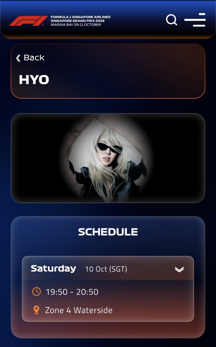 _firstsnow's tweet photo. Hyoyeon will be performing at Formula 1 Singapore Grand Prix Zone 4 Waterside at 7:50pm, Oct 10 (Sat.)

https://t.co/FQvImfdCOq https://t.co/syUsb6bZoJ