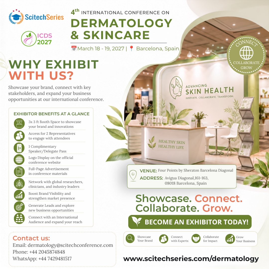 garre85547193's tweet photo. Become an #Exhibitor at #ICDS2027!
Showcase your brand, connect with global #dermatology experts, and grow your business at the Dermatology & #Skincare in #Barcelona, #Spain.
March 18–19, 2027
https://t.co/4dU7C99SlT
#Dermatweet #dermaevents https://t.co/Y1orUBelXI