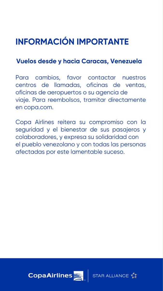 CopaAirlines's tweet photo. INFORMACIÓN IMPORTANTE 🇻🇪 https://t.co/1qO466Dwfe