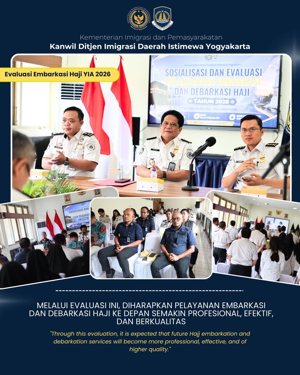 imigrasiDIY's tweet photo. Memastikan kualitas pelayanan jemaah haji terus meningkat, Kanwil Ditjen Imigrasi DIY menggelar "Sosialisasi dan Evaluasi Pelaksanaan Embarkasi dan Debarkasi Haji Bandara Yogyakarta International Airport (YIA)" pada Kamis, 25 Juni 2026. https://t.co/PGSASWczx5