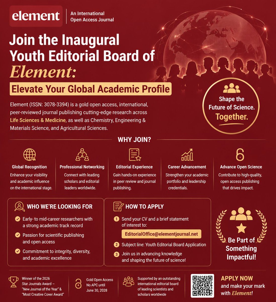ElementRsearch's tweet photo. ✨ Join Element Youth Editorial Board

Element launches its inaugural Youth Editorial Board and invites early-career researchers (PhD students, postdocs, young scientists) in life sciences, medicine, chemistry, materials, and engineering.

📩 Apply now: https://t.co/Og1l9qCkwI https://t.co/AU4Rpp6WTC