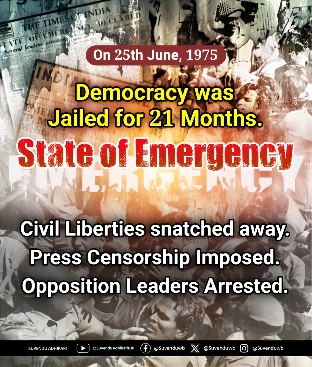 SuvenduWB's tweet photo. Today, we bow in reverence to the courageous souls who stood fiercely in defense of our Democracy during the 'Emergency'; a truly grim period in India's history.
That era marked a severe blow to our Constitutional framework. We saw Fundamental Rights stripped away, the Voices of the Press silenced and the unjust imprisonment of Political Figures, Social Activists and Journalists. The very Pillars of our Democratic system were systematically undermined.

Yet, in the face of this oppression, the resilience of the Indian spirit shone brightly. We remember the remarkable bravery of everyday Citizens who refused to bow down, choosing instead to protect the sacred principles of our Democracy.
To this day, the Constitution remains the living pulse of 140 crore Indians, securing our Rights and guiding our duties. 
Let us renew our solemn vow to protect these Democratic ideals. Drawing strength from our foundational document, let us continue striving for an India firmly rooted in Justice, Liberty, Equality and Fraternity.
#SamvidhanHatyaDiwas