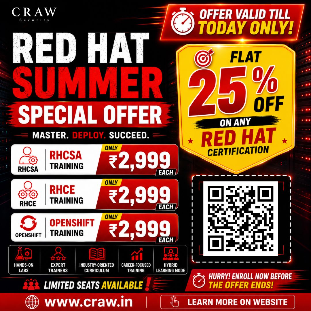 crawsec's tweet photo. 🚀 Red Hat Summer Special – Today Only!RHCSA | RHCE | OpenShift Training @ ₹2,999 each 🎯+ 25% OFF on Red Hat Certifications⏳ Limited SeatsEnroll: https://t.co/JYgYs5kXGz

#RedHat #RHCSA #RHCE #OpenShift #Linux #DevOps #CRAW https://t.co/TIUu5FKZx3