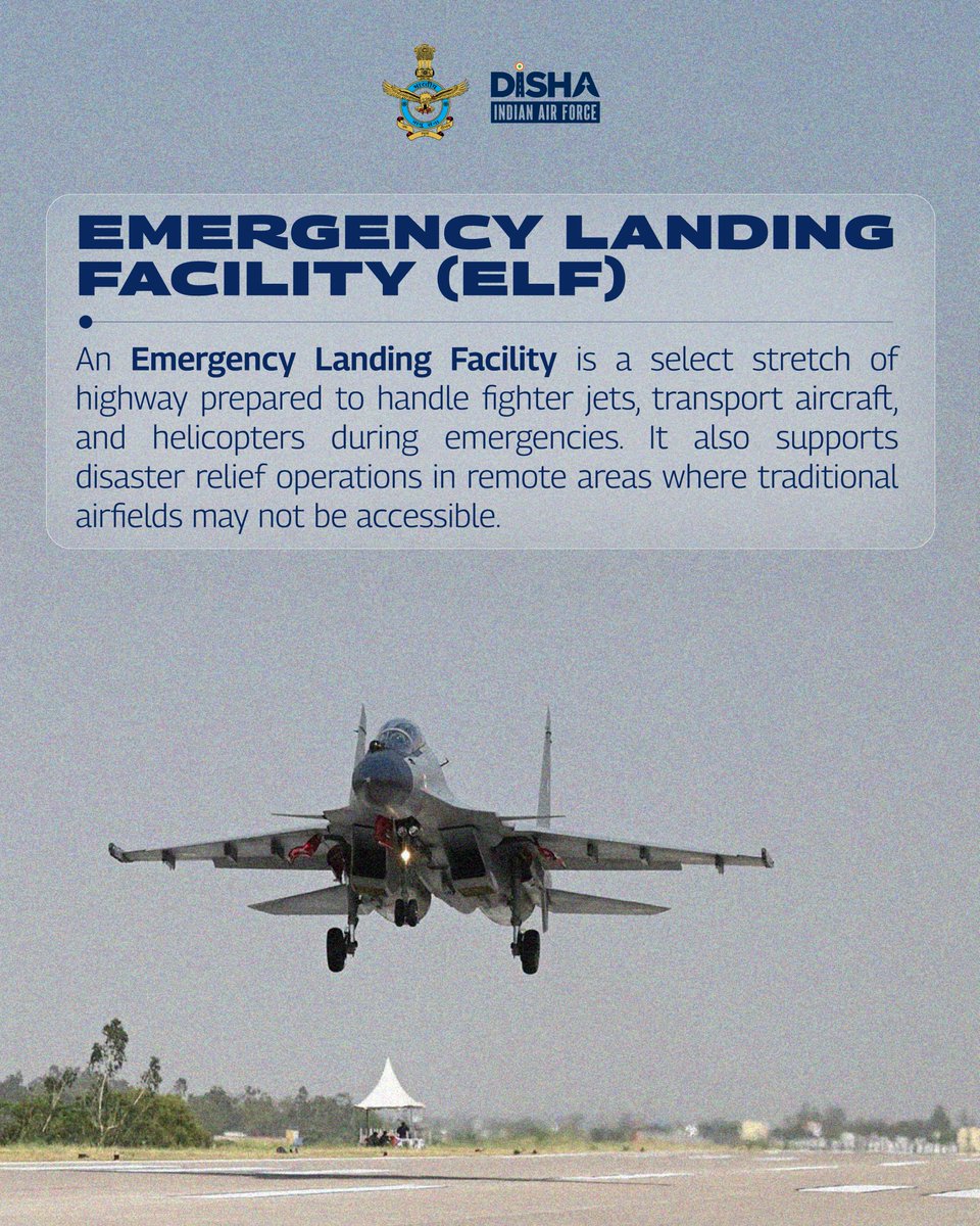CareerinIAF's tweet photo. What is an ELF?

An Emergency Landing Facility is a select stretch of highway prepared to handle fighter jets, transport aircraft, and helicopters during emergencies.
#IndianAirForce #DISHA #JoinIAF
@IAF_MCC @CAC_CPRO @hqwaciaf @EAC_IAF @SWAC_IAF @MC_IAF @tracomiaf https://t.co/KXx3bEWAmN