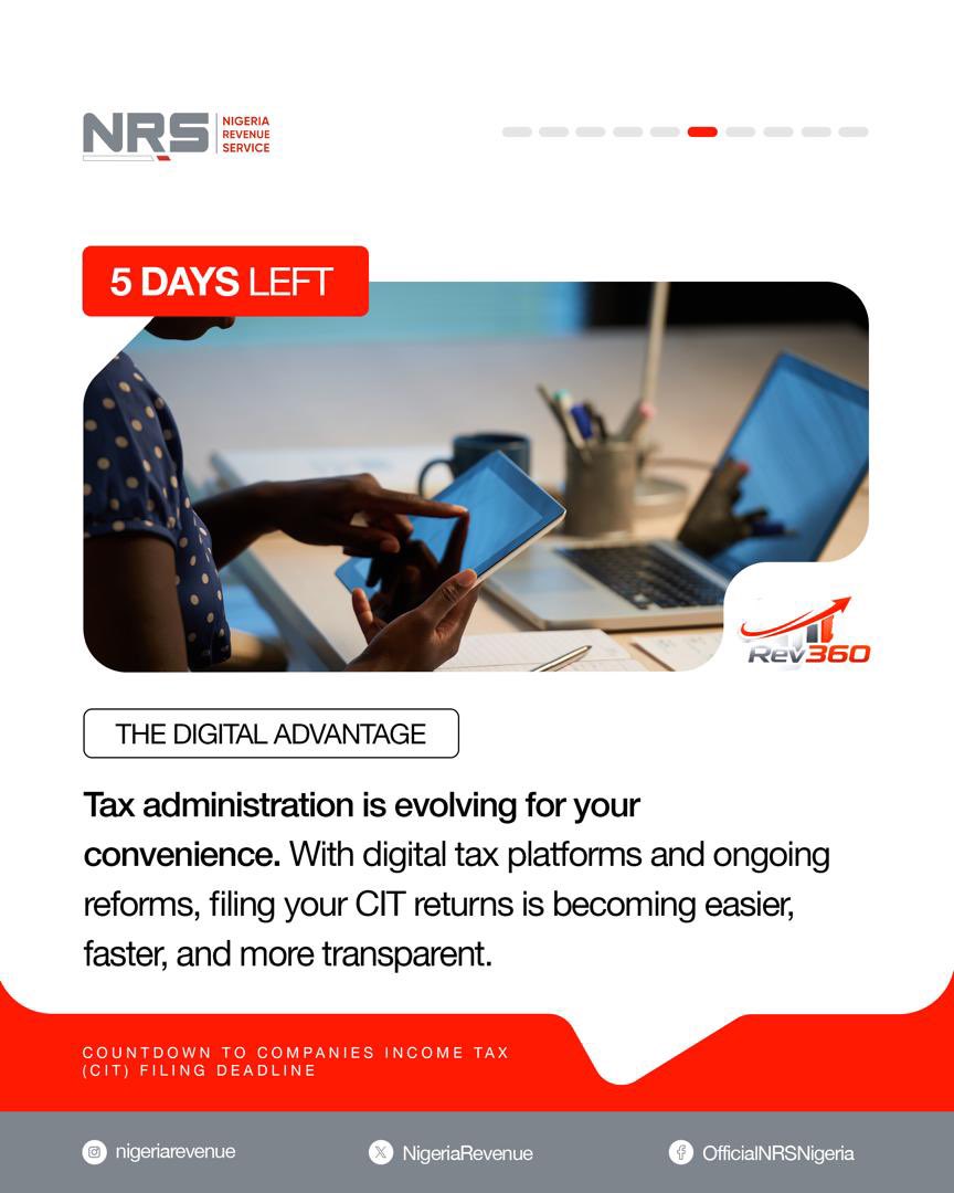 NigeriaRevenue's tweet photo. 5 Days left ⏳
Countdown to Companies Income Tax (CIT) Filing Deadline!!!
Tax administration is evolving for your convenience. Rev360 is the transformational upgrade promised through innovation. 🚀
Together we rise, together we prosper
#CITFiling #Deadline #NRS #Rev360 https://t.co/qln9BKJ8q4