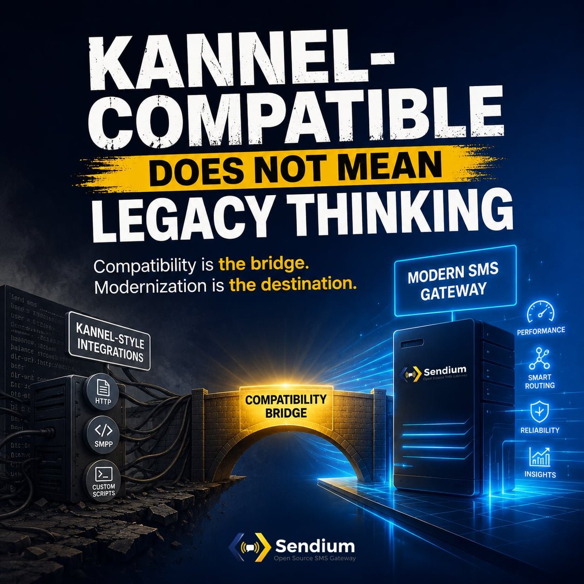 SendiumGateway's tweet photo. Kannel-compatible ≠ legacy thinking.

Compatibility lets SMS teams modernize gateway infrastructure without breaking existing integrations.

Read more: https://t.co/CPoQkUReLm

#Sendium #Kannel #SMSGateway #SMPP https://t.co/UYFgA0Qr1o