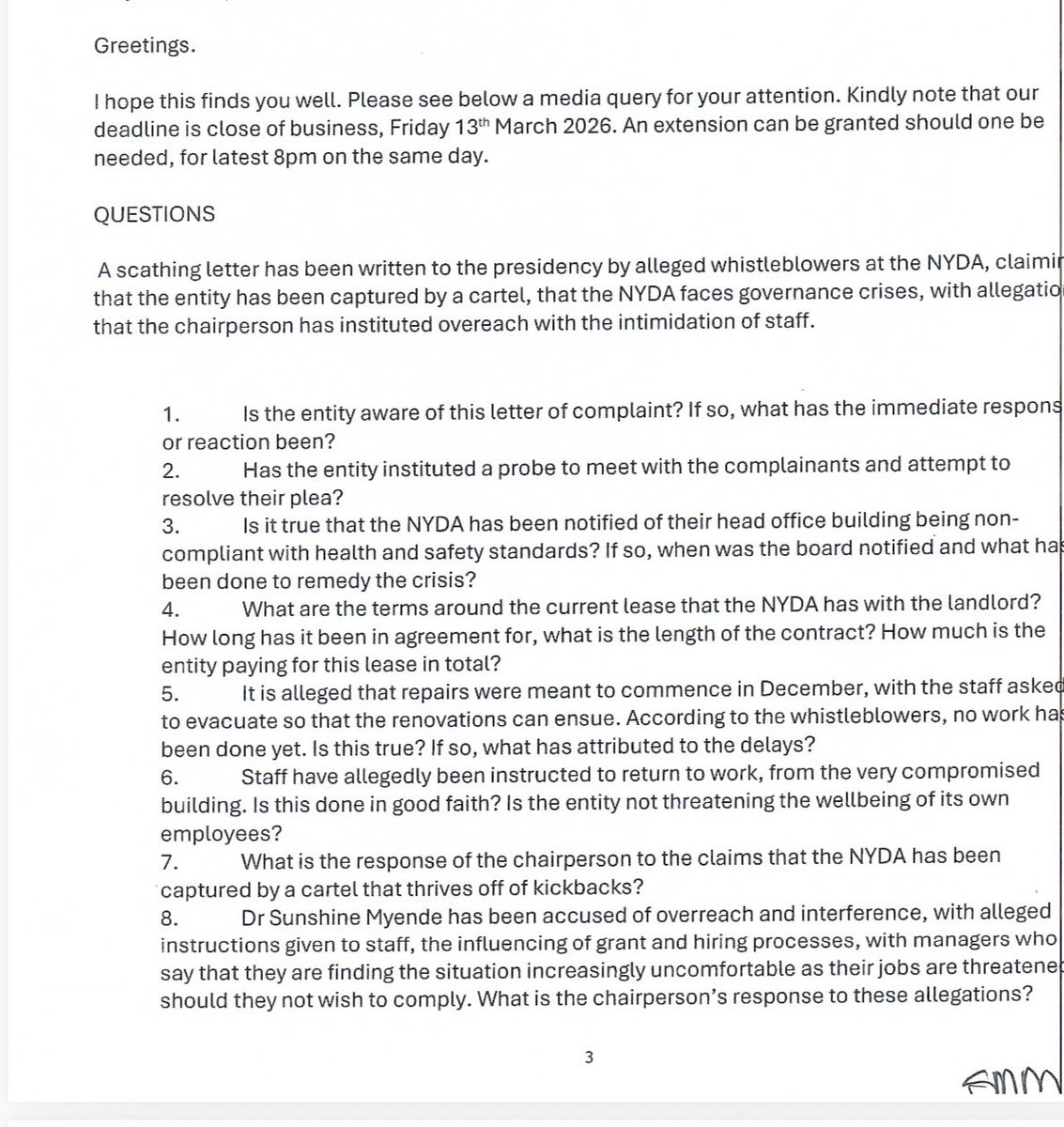 SongezoZibi's tweet photo. These are the journalist questions attached to the affidavit of the NYDA chair that she says constitute harassment. https://t.co/mUz67E1eYV