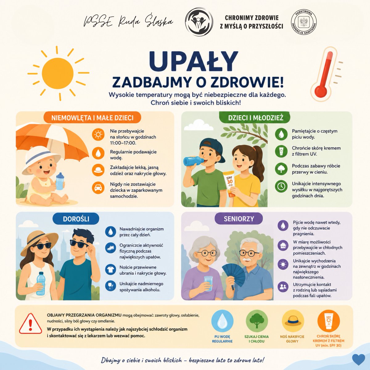 PSSE_RudaSlaska's tweet photo. ☀️ Upały mogą być niebezpieczne dla zdrowia.

💧 Pij wodę
🧢 Chroń głowę
🌳 Szukaj cienia
🧴 Stosuj filtr UV
🏃 Unikaj wysiłku w największy upał

Szczególną ostrożność powinny zachować dzieci i seniorzy.

#Upały #BezpieczneWakacje #PSSERudaŚląska ☀️🌡️ https://t.co/Vk4jPYnbq3