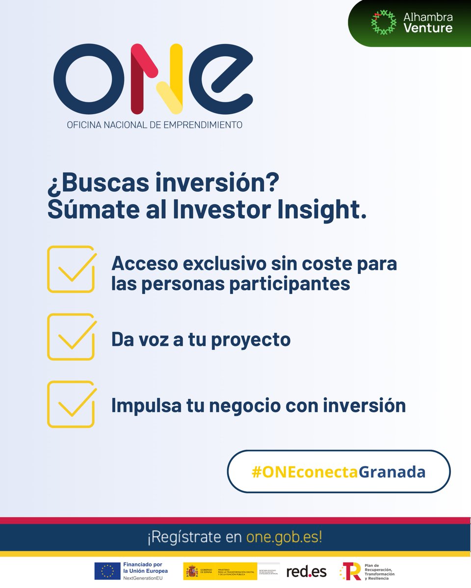 redpuntoes's tweet photo. 🙋 ¿Buscas inversión para tu proyecto?
✅ ¡Nuestra #PlataformaONE te lo pone fácil en Alhambra Venture!
➡️Desliza las imágenes para descubrir las ventajas de formar parte del ecosistema emprendedor innovador si estás registrado en la Plataforma.
🔗https://t.co/OJsaz0eHBD https://t.co/YtL0nsqF1X