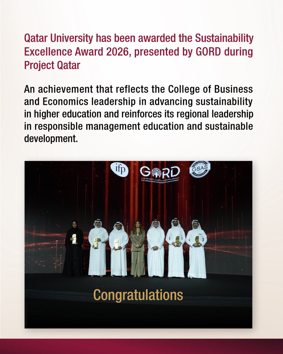 QatarUniversity's tweet photo. إنجازٌ جديد يُضاف لمسيرة التميز.
#جامعة_قطر تحصد جائزة التميز في الاستدامة 2026.

A new milestone in excellence
#QU wins the Sustainability Excellence Award 2026 https://t.co/kv5SiKtA21