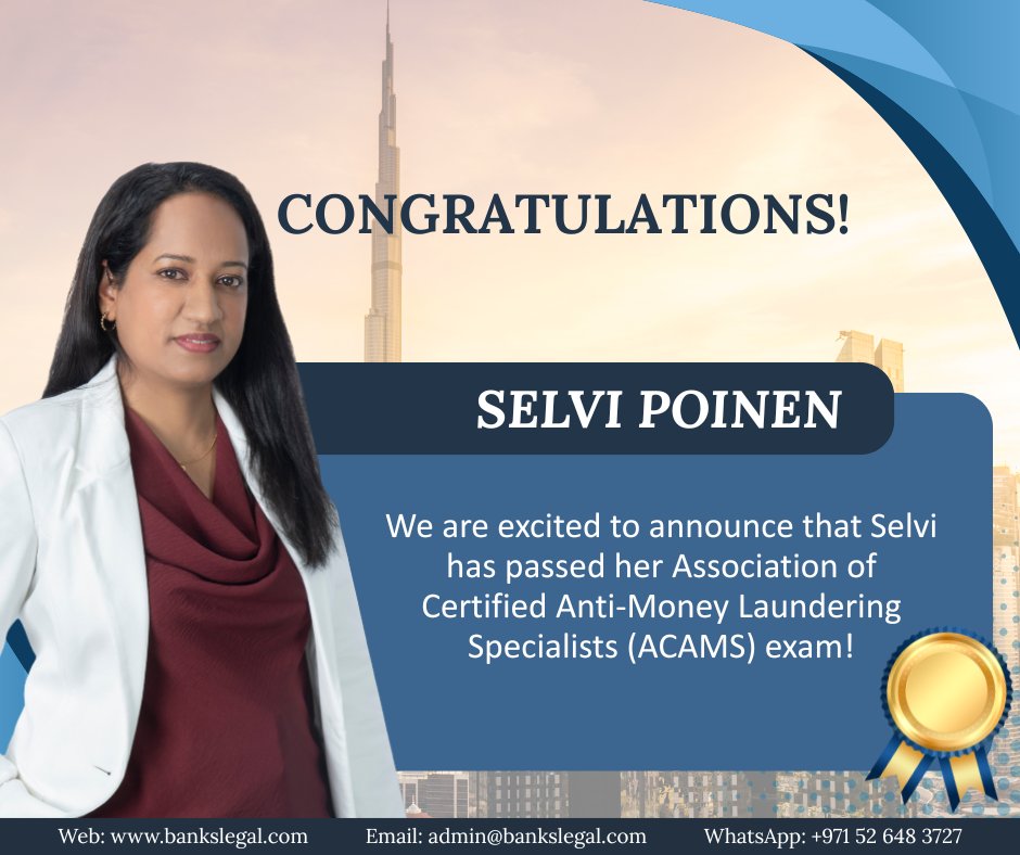 BanksLegalNews's tweet photo. Banks Group would like to Congratulate Selvi on passing her ACAMS exam!

#BanksGroup #ExperiencedProfessionals #SoundAdvice #Congratulations #ExamPassed https://t.co/4kyJNJJZwe