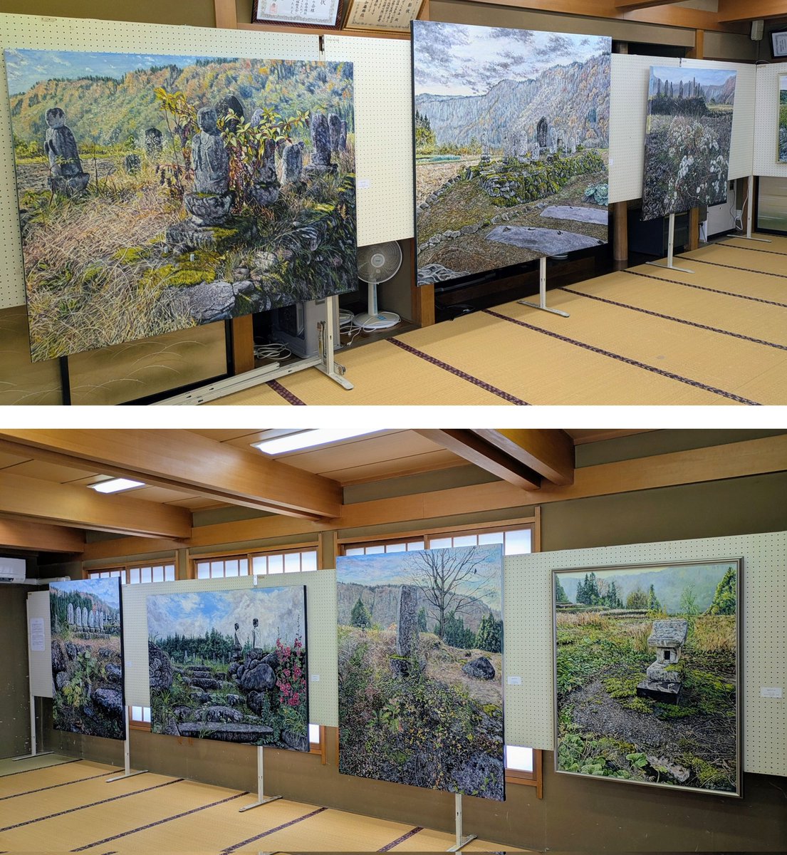 Sachiko_Tea's tweet photo. F130号、F120号、F100号5枚、50号以下8枚を陳列しました。自分の絵を一度にこれだけ並べたのは初めてで感動しました。ご協力いただいた反里口集落の皆様が、絵に描かれた風景について語り合ってくれたのが嬉しかったです。ありがとうございました。 https://t.co/zUxFmd5LrR