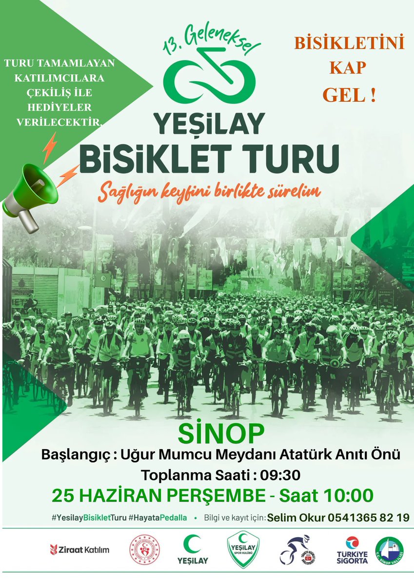 SinopDsm's tweet photo. 🚴‍♂️ 13. Geleneksel Yeşilay Bisiklet Turu

📅 25 Haziran 2026 Perşembe
 📍 Uğur Mumcu Meydanı Atatürk Anıtı Önü  🕙 Başlangıç: 10.00

26 Haziran Uluslararası Uyuşturucu Kullanımı ve Kaçakçılığı ile Mücadele Günü kapsamında düzenlenen etkinliğimize tüm vatandaşlarımız davetlidir. https://t.co/ZcBlWizFW1