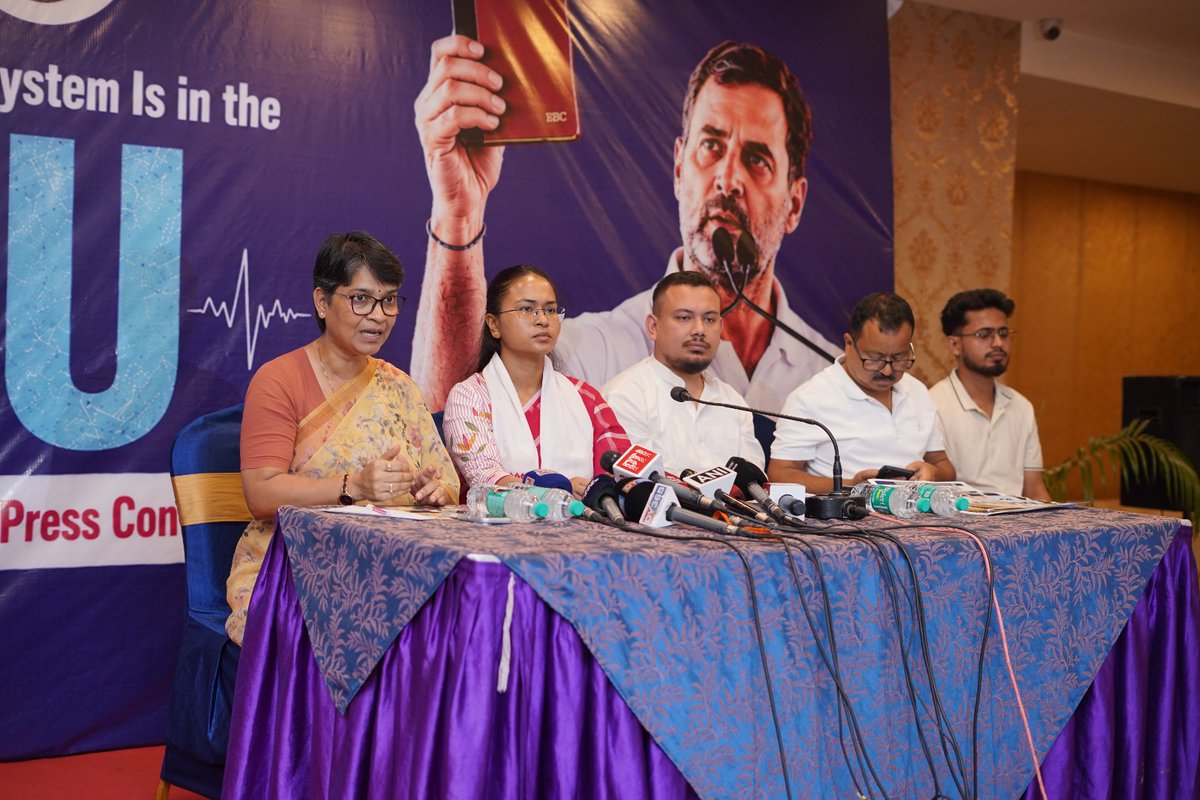 INCAssam's tweet photo. As part of the Indian National Congress' nationwide #ChhatronKiGoonj campaign, a press conference was held in Guwahati, addressed by Jharkhand Agriculture Minister @ShilpiNehaTirki ji, 

The press conference was attended by APCC Media Department Chairman Bedabrata Bora, MLA and Assam Youth Congress President @Zubairanam  , and Assam Pradesh Mahila Congress Committee President @borthakur_mira 

Addressing the media, Shilpi Neha Tirkey ji demanded the immediate resignation of Union Education Minister Dharmendra Pradhan, holding him accountable for the series of examination paper leaks, irregularities in evaluation, and the institutional failure of the country's education system. 

She strongly criticized the Central Government for what she described as its failure to protect the integrity and credibility of India's education system.

📍 Guwahati | June 25