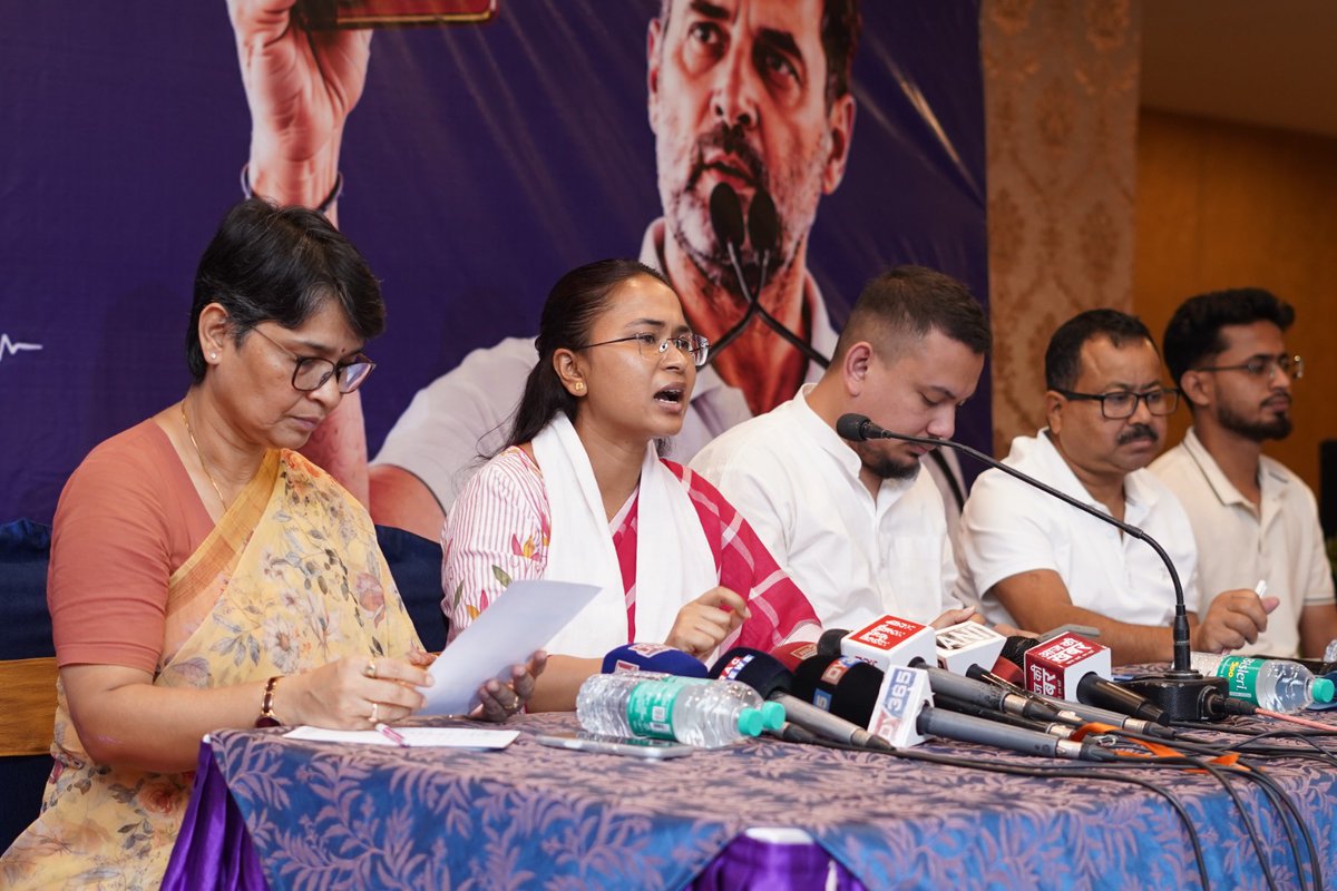 INCAssam's tweet photo. As part of the Indian National Congress' nationwide #ChhatronKiGoonj campaign, a press conference was held in Guwahati, addressed by Jharkhand Agriculture Minister @ShilpiNehaTirki ji, 

The press conference was attended by APCC Media Department Chairman Bedabrata Bora, MLA and Assam Youth Congress President @Zubairanam  , and Assam Pradesh Mahila Congress Committee President @borthakur_mira 

Addressing the media, Shilpi Neha Tirkey ji demanded the immediate resignation of Union Education Minister Dharmendra Pradhan, holding him accountable for the series of examination paper leaks, irregularities in evaluation, and the institutional failure of the country's education system. 

She strongly criticized the Central Government for what she described as its failure to protect the integrity and credibility of India's education system.

📍 Guwahati | June 25