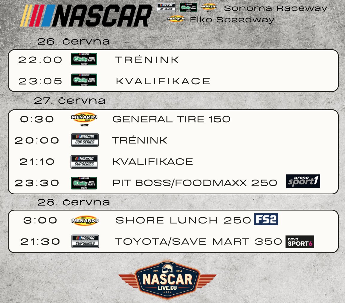nascar_cz's tweet photo. Kalifornská štace pokračuje tento víkend na Sonoma Raceway. Představí se zde Cup, O'Reilly, a ARCA West Series. Na Elko Speedway míří ARCA Menards Series.

https://t.co/G6QFenpPnv https://t.co/IZJomqHXn5