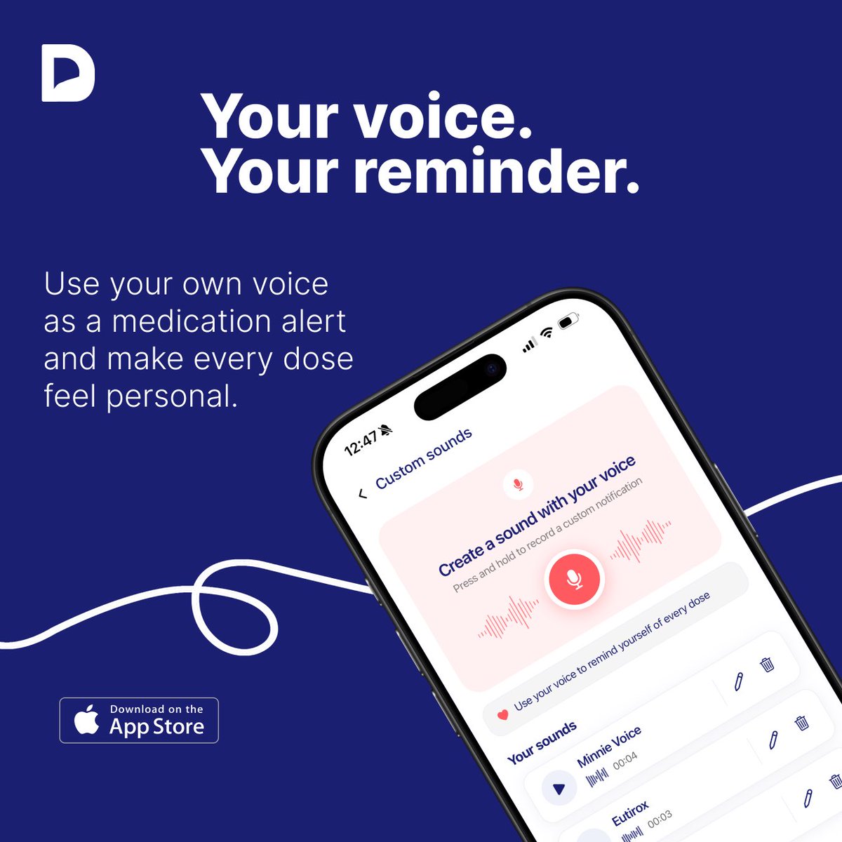 Doslyapp's tweet photo. Your medication reminder shouldn’t feel cold.

With Dosly, you can turn your own voice into a custom alert.

Simple idea.
Big difference. 💙

#Dosly #iOS #HealthTech #MedicationReminder https://t.co/XCUCXWROMj