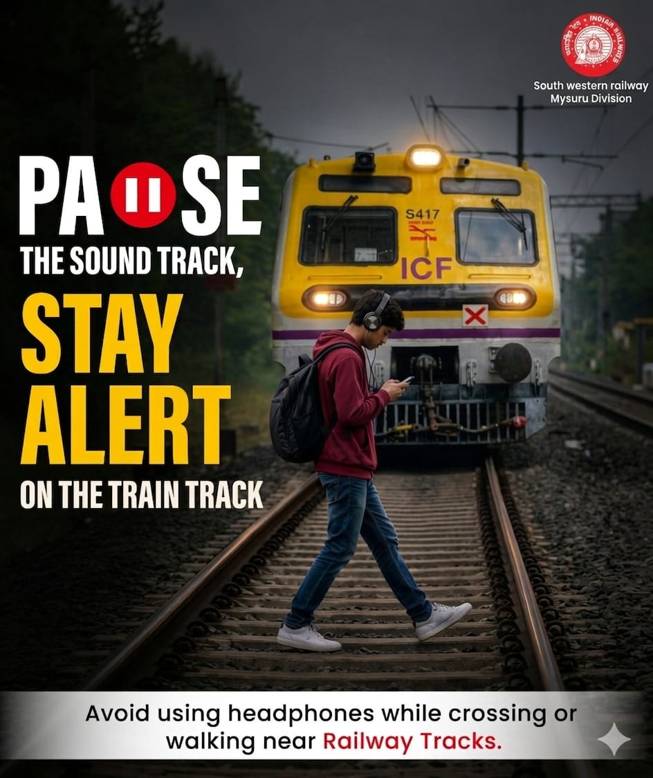 DrmMys's tweet photo. Music can wait. Safety can't.

When you're near railway tracks, stay focused on your surroundings. Keep your eyes on the path, your ears open, and avoid using headphones.
@RailMinIndia 
@SWRRLY 
#MysDivision
#IndianRailways
#RailwaySafety
#PassengerAwareness https://t.co/m7KbT9vsYn