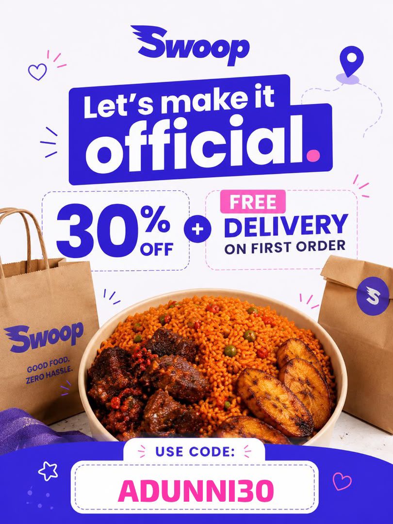 adunnithewriter's tweet photo. Use my code when you’re placing your first order on @swoopappng and get 30% off + free delivery 

Please 😔 https://t.co/ynViaedVLr